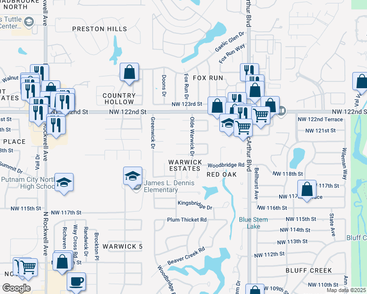 map of restaurants, bars, coffee shops, grocery stores, and more near 6208 Sudbury Drive in Oklahoma City