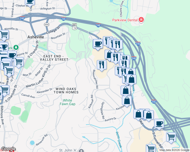 map of restaurants, bars, coffee shops, grocery stores, and more near 302 Beaucatcher Road in Asheville