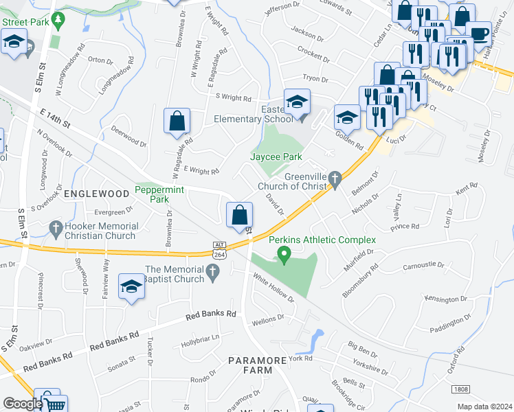 map of restaurants, bars, coffee shops, grocery stores, and more near 100 David Drive in Greenville