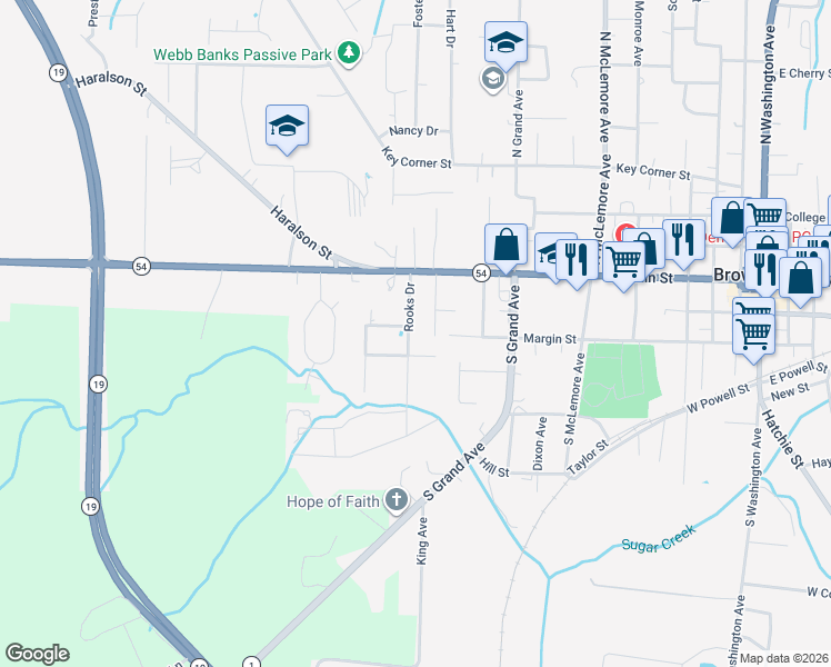 map of restaurants, bars, coffee shops, grocery stores, and more near 126 Rooks Dr in Brownsville