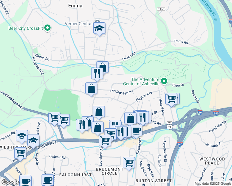 map of restaurants, bars, coffee shops, grocery stores, and more near 39 Skyview Terrace in Asheville