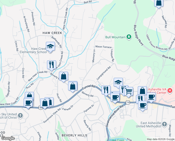 map of restaurants, bars, coffee shops, grocery stores, and more near 18 Bull Mountain Road in Asheville
