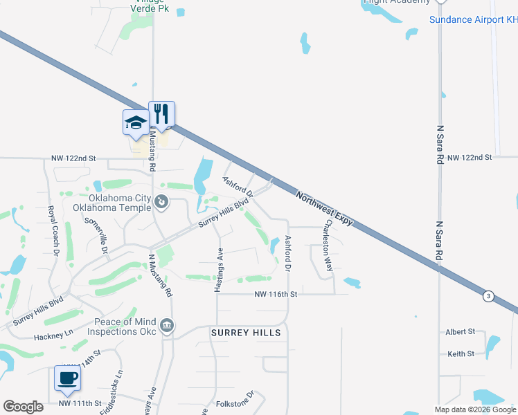 map of restaurants, bars, coffee shops, grocery stores, and more near 12031 Ashford Drive in Yukon