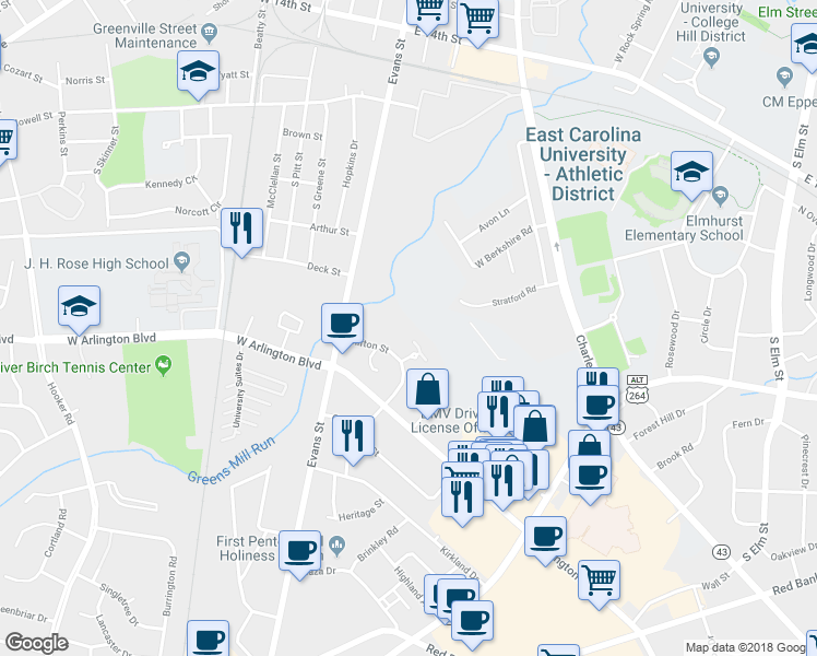 map of restaurants, bars, coffee shops, grocery stores, and more near 8 Palmetto Place in Greenville