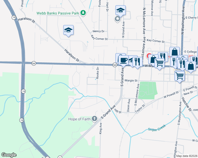 map of restaurants, bars, coffee shops, grocery stores, and more near 126 Rooks Drive in Brownsville