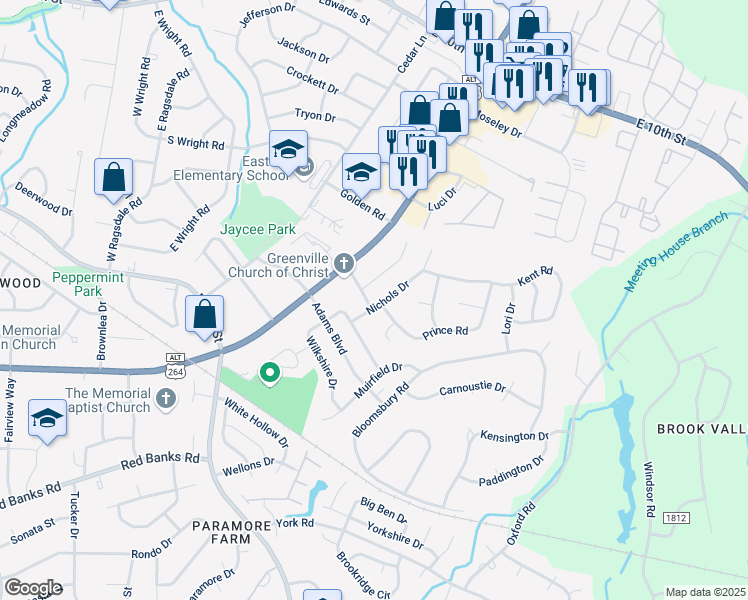 map of restaurants, bars, coffee shops, grocery stores, and more near 101 Emerson Drive in Greenville