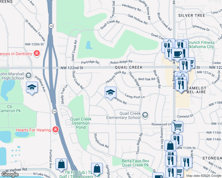 map of restaurants, bars, coffee shops, grocery stores, and more near 3221 Canyon Road in Oklahoma City