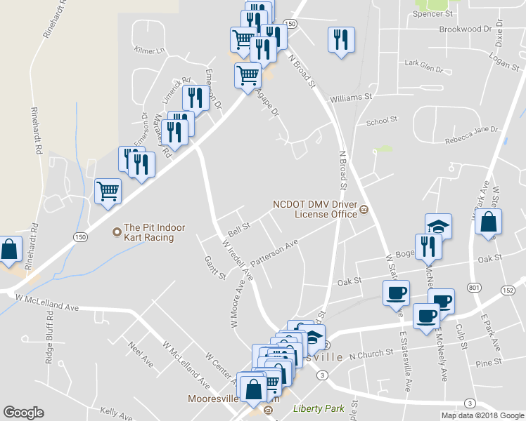 map of restaurants, bars, coffee shops, grocery stores, and more near 410 Bell Street in Mooresville