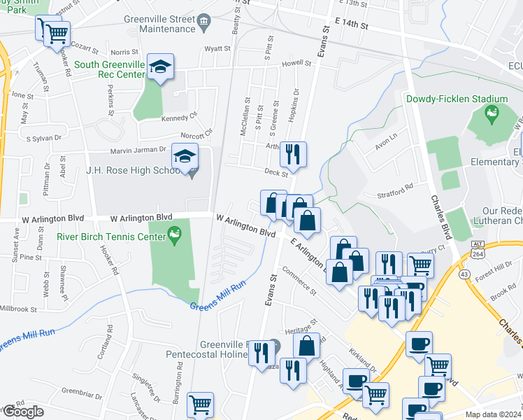 map of restaurants, bars, coffee shops, grocery stores, and more near 2205 Wandsworth Drive in Greenville