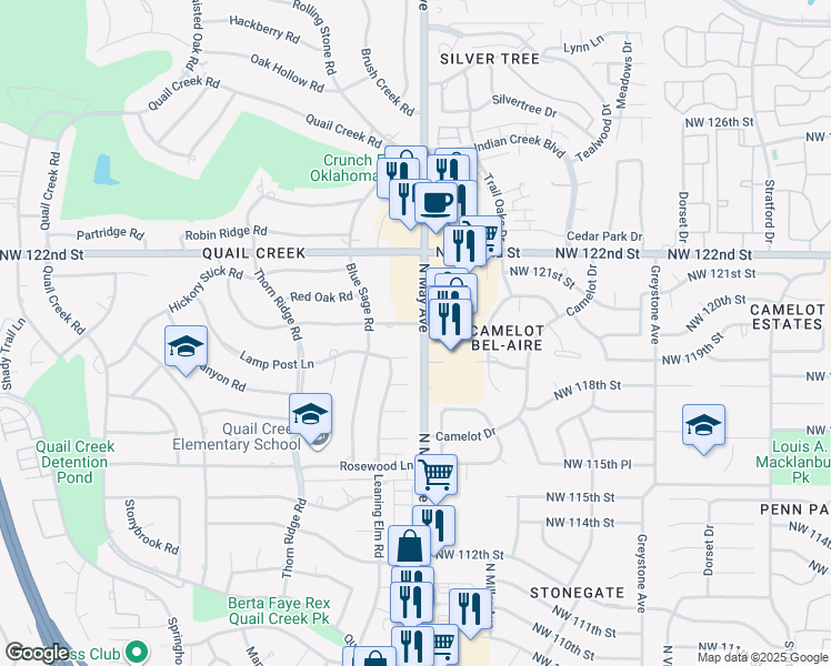 map of restaurants, bars, coffee shops, grocery stores, and more near 2900 Pine Ridge Road in Oklahoma City