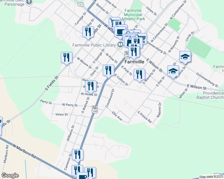 map of restaurants, bars, coffee shops, grocery stores, and more near 3921 S Main St in Farmville