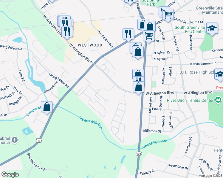 map of restaurants, bars, coffee shops, grocery stores, and more near 2603 Whitaker Drive in Greenville
