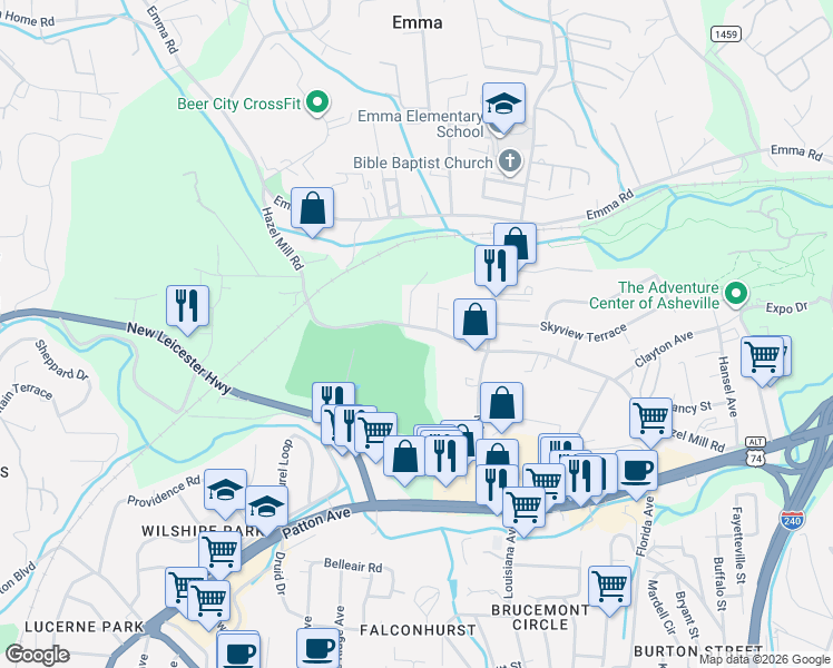 map of restaurants, bars, coffee shops, grocery stores, and more near 438 Hazel Mill Road in Asheville