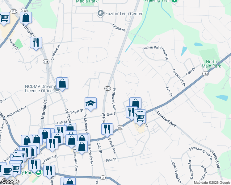 map of restaurants, bars, coffee shops, grocery stores, and more near 321 West Stewart Avenue in Mooresville