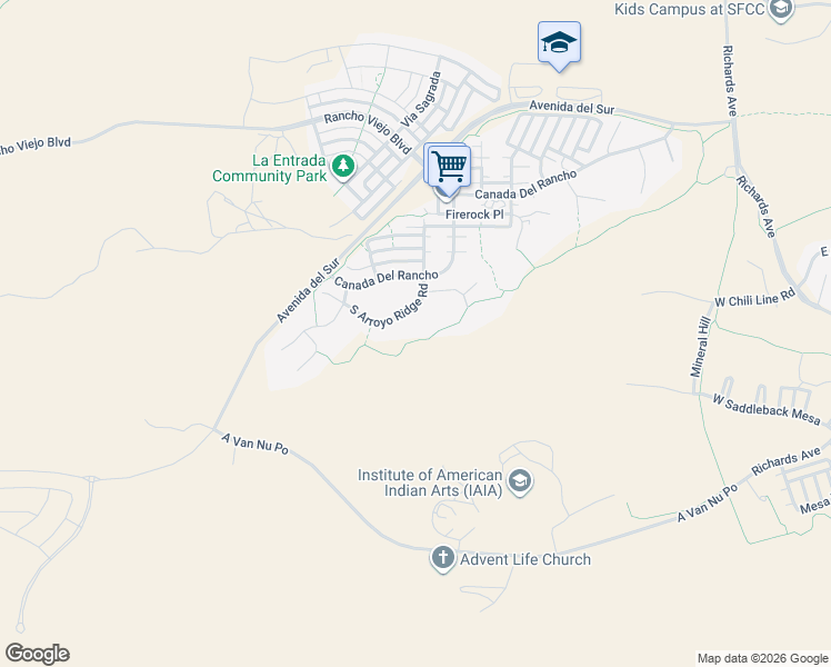 map of restaurants, bars, coffee shops, grocery stores, and more near 10 South Arroyo Ridge Road in Santa Fe