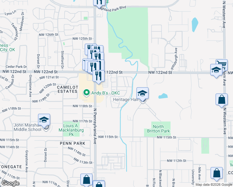 map of restaurants, bars, coffee shops, grocery stores, and more near 1910 Heritage Park Drive in Oklahoma City
