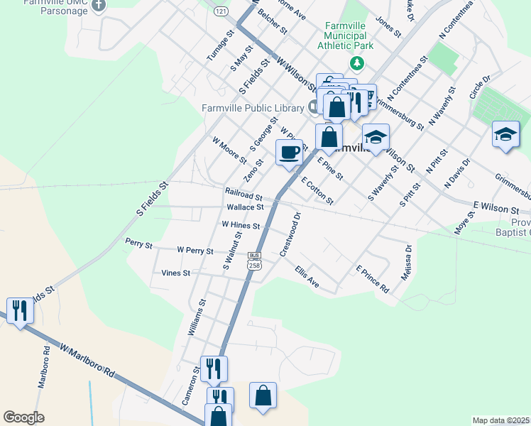 map of restaurants, bars, coffee shops, grocery stores, and more near 3928 S Main St in Farmville