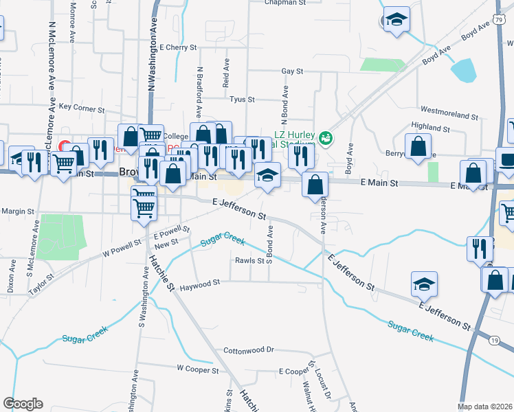 map of restaurants, bars, coffee shops, grocery stores, and more near 709 East Jefferson Street in Brownsville