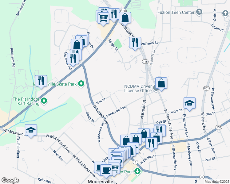 map of restaurants, bars, coffee shops, grocery stores, and more near 410 Bell Street in Mooresville