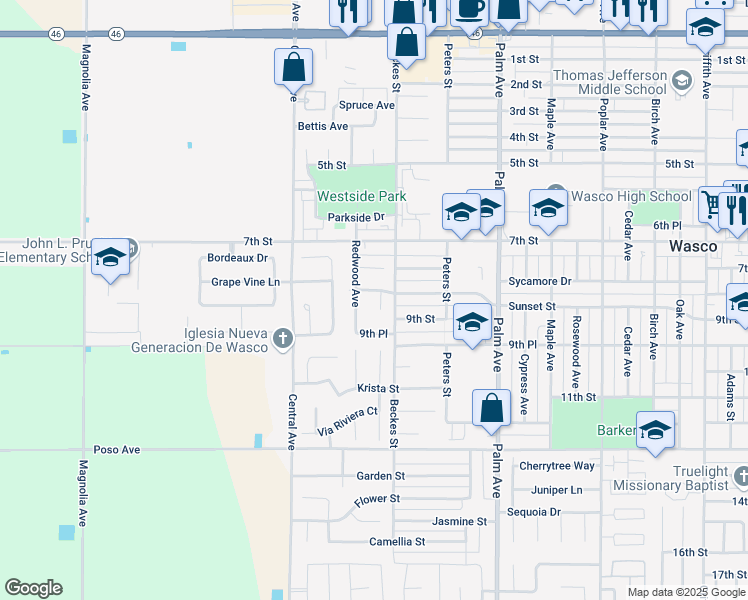map of restaurants, bars, coffee shops, grocery stores, and more near 930 Redwood Avenue in Wasco