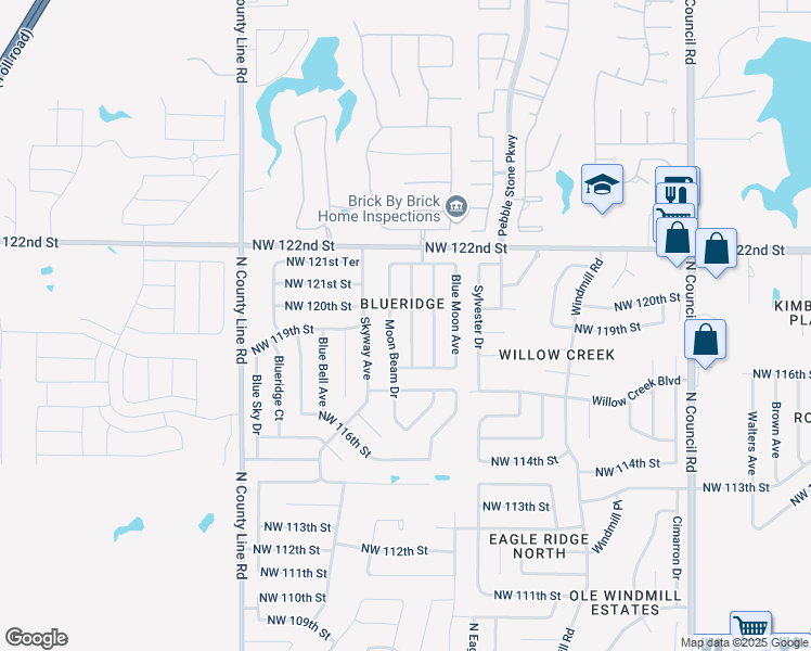 map of restaurants, bars, coffee shops, grocery stores, and more near 12005 Blueway Avenue in Oklahoma City