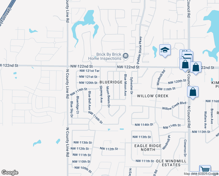 map of restaurants, bars, coffee shops, grocery stores, and more near 12004 Moon Beam Drive in Oklahoma City