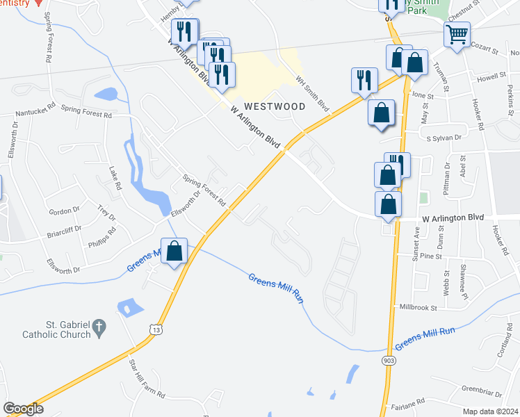 map of restaurants, bars, coffee shops, grocery stores, and more near 3020 Spring Creek Road in Greenville