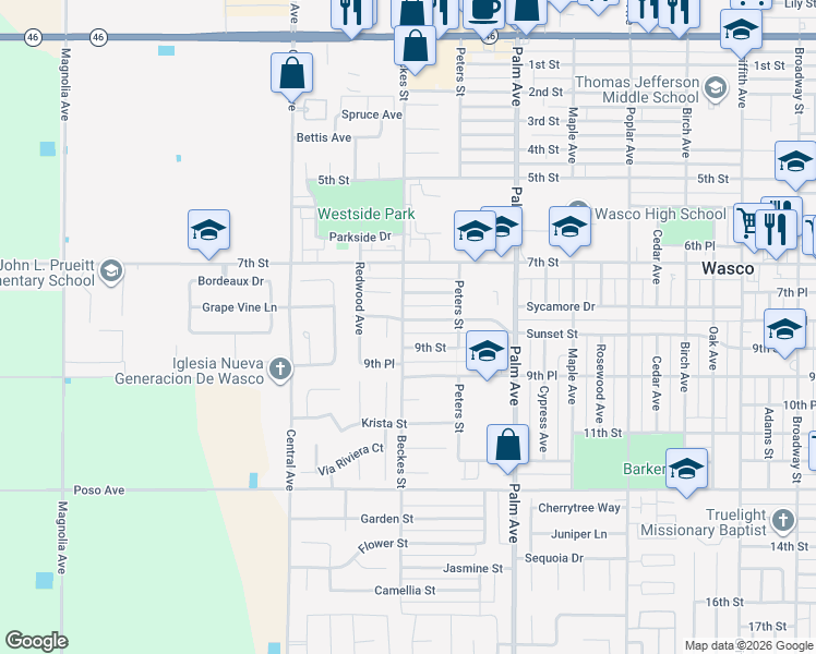 map of restaurants, bars, coffee shops, grocery stores, and more near 974 Beckes Street in Wasco