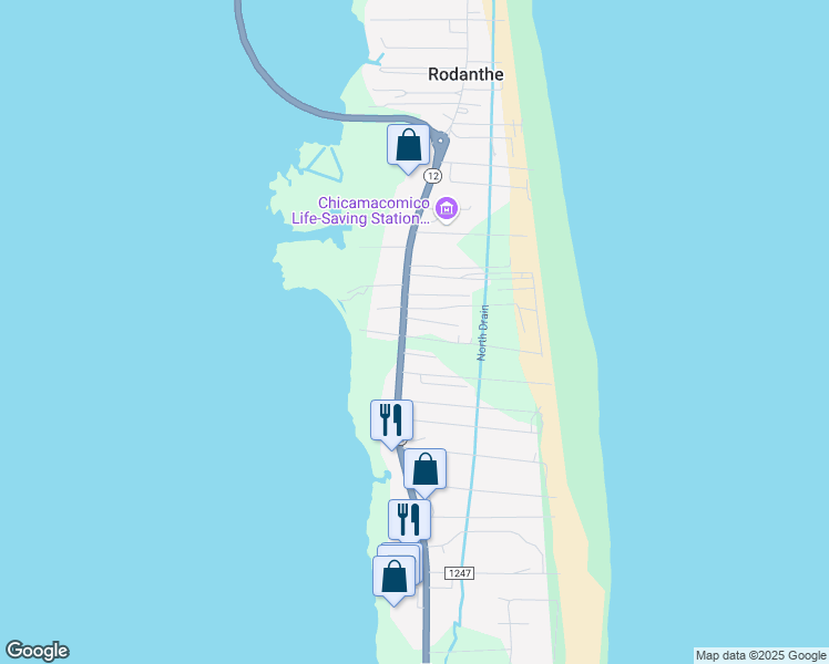 map of restaurants, bars, coffee shops, grocery stores, and more near 23902-23906 North Carolina 12 in Rodanthe