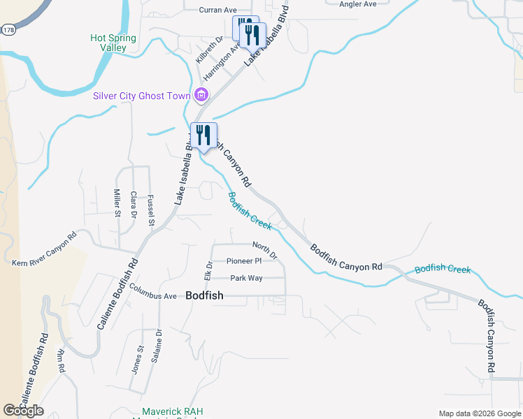 map of restaurants, bars, coffee shops, grocery stores, and more near 272 Bodfish Canyon Rd in Bodfish