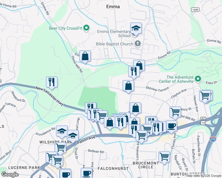 map of restaurants, bars, coffee shops, grocery stores, and more near 438 Hazel Mill Road in Asheville