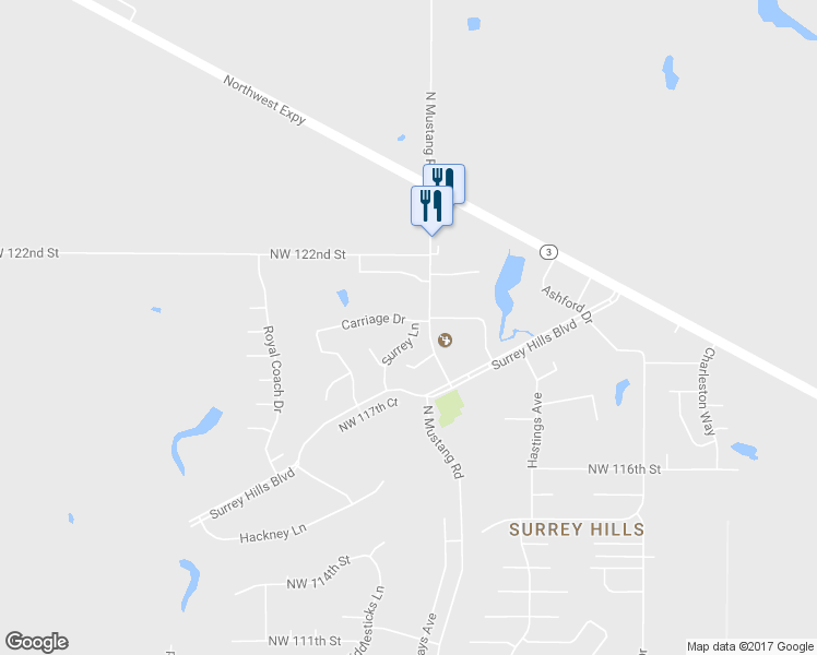 map of restaurants, bars, coffee shops, grocery stores, and more near 11408 Carriage Drive in Yukon