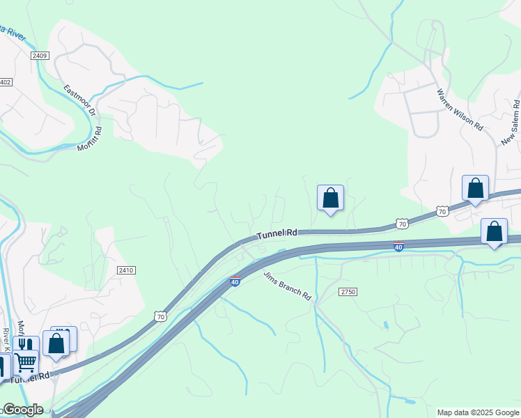 map of restaurants, bars, coffee shops, grocery stores, and more near 125 Little Jones Mountain in Asheville