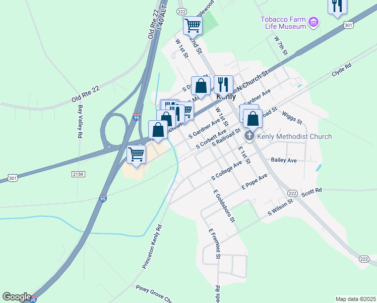 map of restaurants, bars, coffee shops, grocery stores, and more near 101 West Goldsboro Street in Kenly