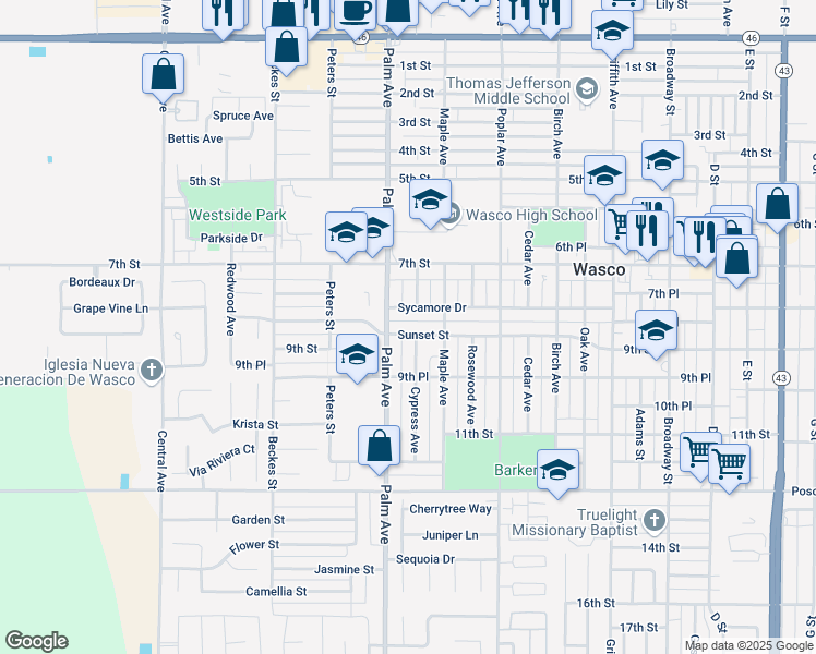 map of restaurants, bars, coffee shops, grocery stores, and more near 2025 Sunset Street in Wasco
