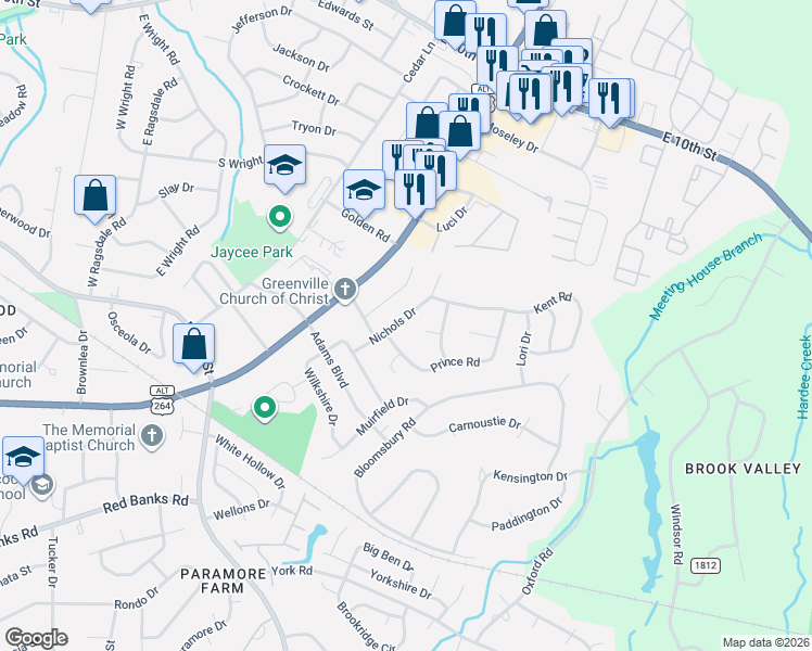 map of restaurants, bars, coffee shops, grocery stores, and more near 109 Valley Place in Greenville