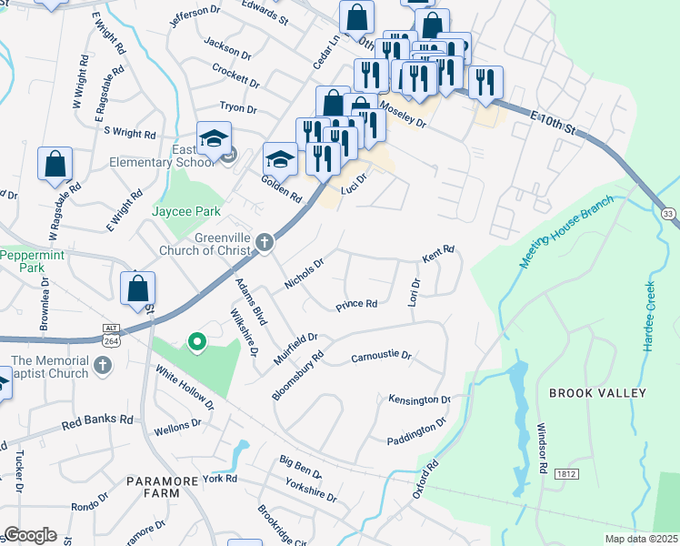 map of restaurants, bars, coffee shops, grocery stores, and more near 104 Valley Lane in Greenville