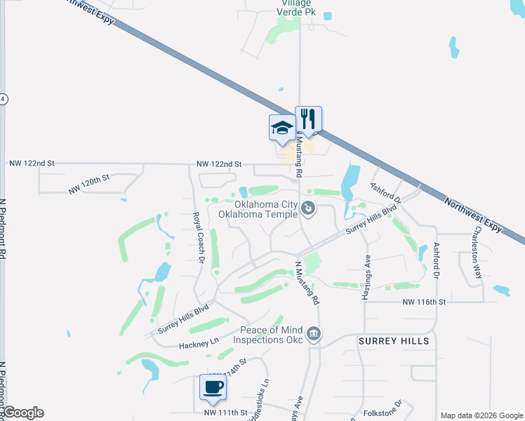 map of restaurants, bars, coffee shops, grocery stores, and more near 11513 Buckingham Court in Yukon