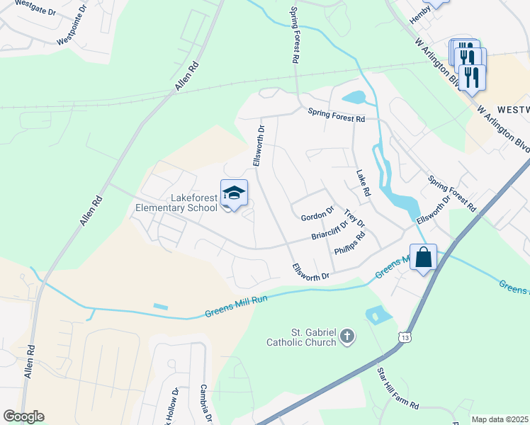 map of restaurants, bars, coffee shops, grocery stores, and more near 3300 Briarcliff Drive in Greenville