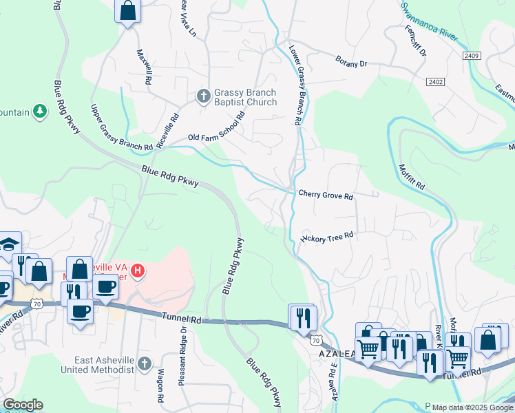 map of restaurants, bars, coffee shops, grocery stores, and more near 30 Delea Drive in Asheville