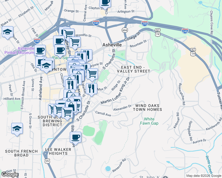 map of restaurants, bars, coffee shops, grocery stores, and more near 64 Ridge Street in Asheville