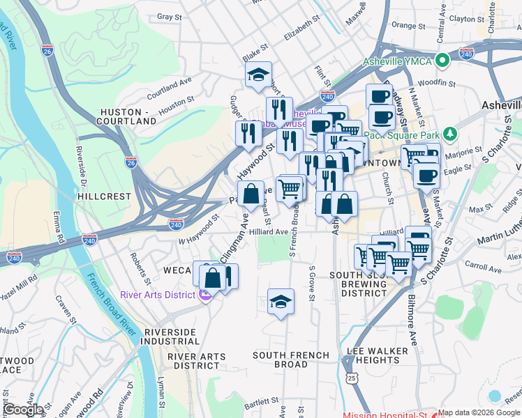 map of restaurants, bars, coffee shops, grocery stores, and more near 343 Hilliard Avenue in Asheville