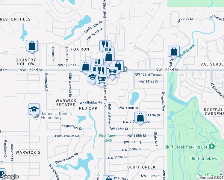 map of restaurants, bars, coffee shops, grocery stores, and more near 12000 North Macarthur Boulevard in Oklahoma City