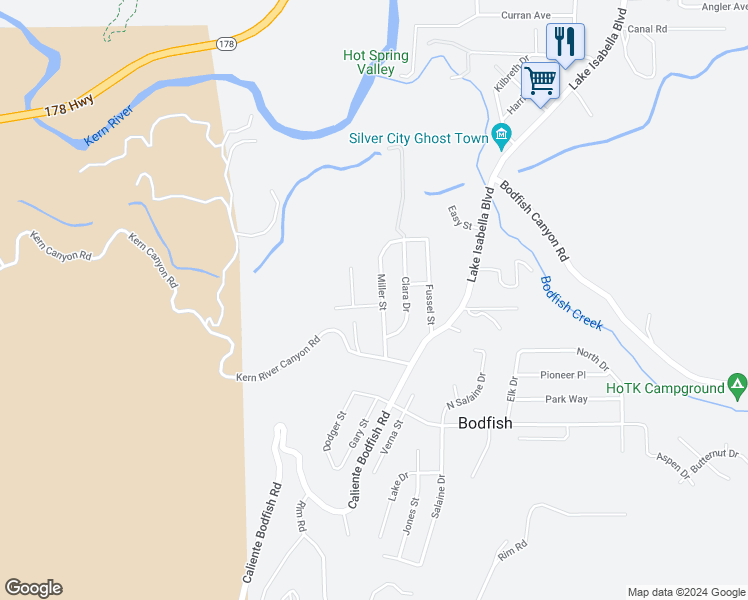 map of restaurants, bars, coffee shops, grocery stores, and more near 201 Miller Street in Bodfish