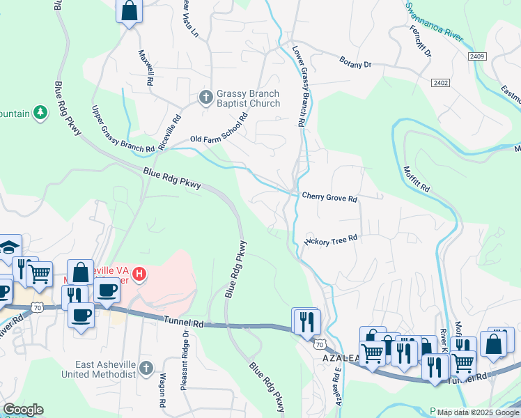 map of restaurants, bars, coffee shops, grocery stores, and more near 30 Delea Drive in Asheville