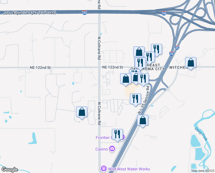 map of restaurants, bars, coffee shops, grocery stores, and more near 12100 Woodland Hills Way in Oklahoma City