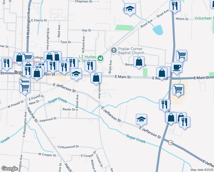 map of restaurants, bars, coffee shops, grocery stores, and more near 1130 Warren Street in Brownsville