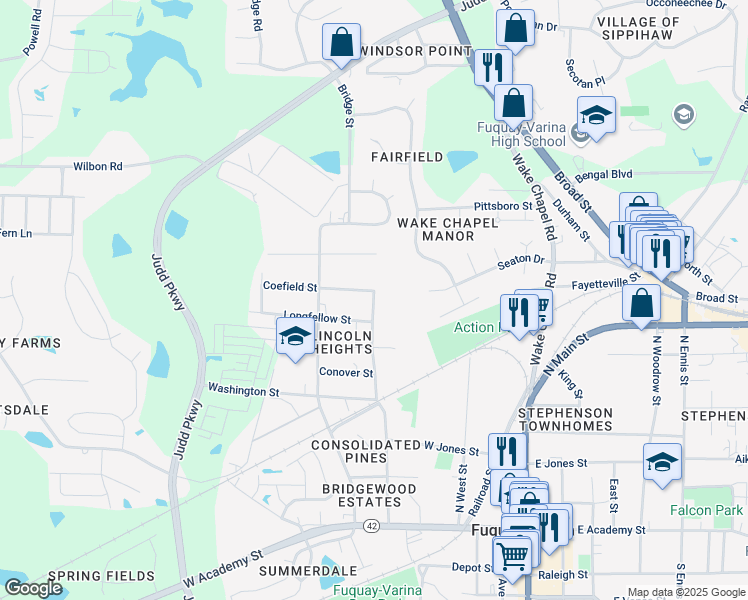 map of restaurants, bars, coffee shops, grocery stores, and more near 704 Dogwood Street in Fuquay Varina