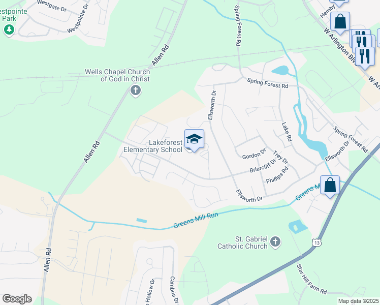 map of restaurants, bars, coffee shops, grocery stores, and more near 3300 Briarcliff Drive in Greenville
