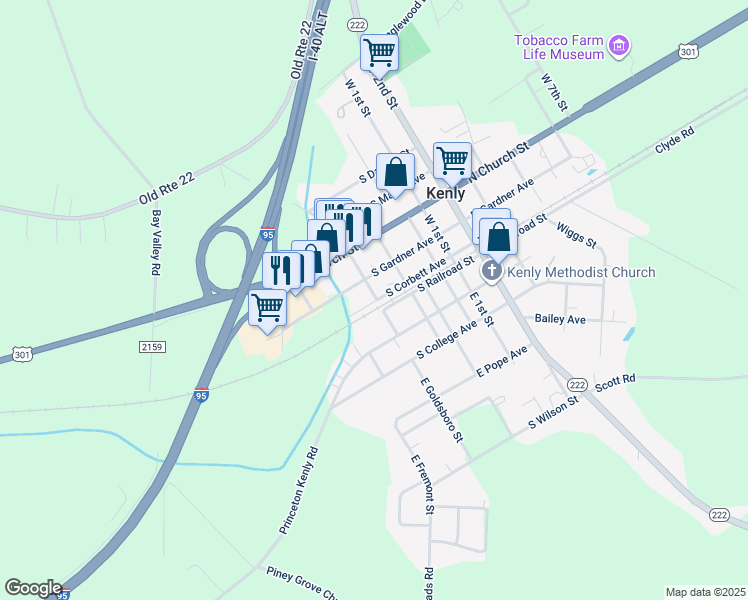 map of restaurants, bars, coffee shops, grocery stores, and more near 101 West Goldsboro Street in Kenly